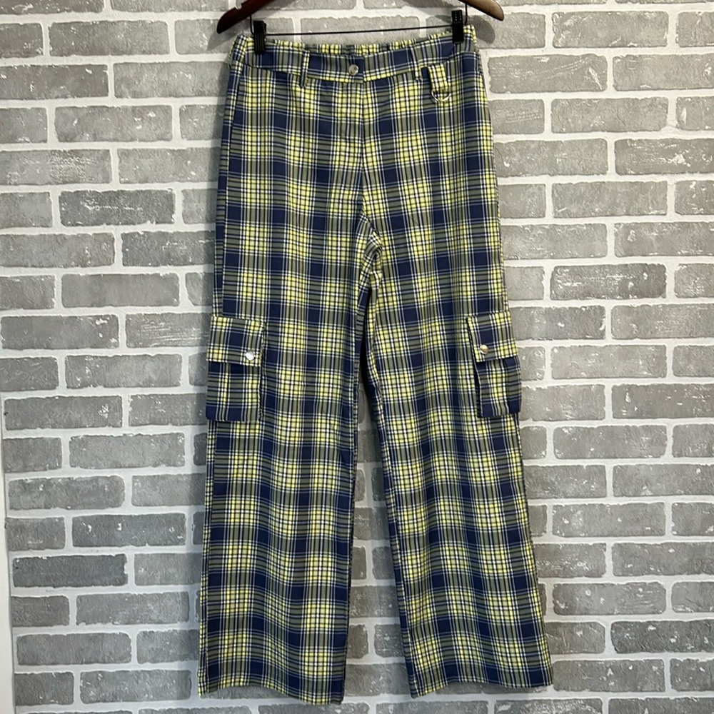 💕 Forever 21 Kick Pants Women Large | Yellow Blue Tartan Plaid Wide-Leg Cargo